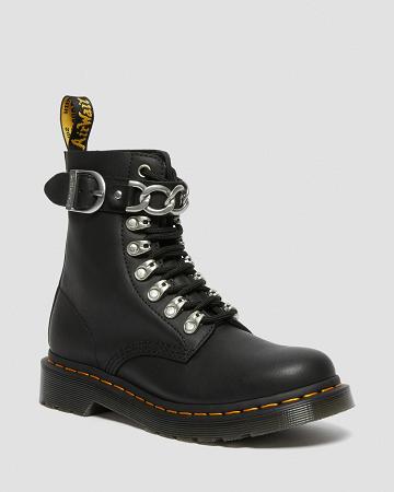 Black Women's Dr Martens 1460 Pascal Chain Leather Lace Up Boots | CA 181FDN